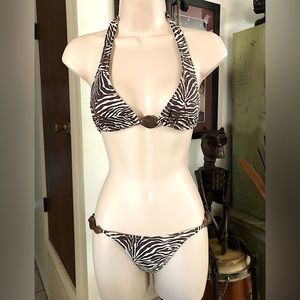 ODABASH Brown Zebra Print Micro Bikini Swimsuit W/Beaded Straps sz 6/8 M